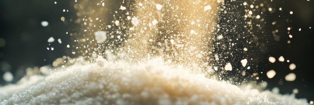 Sugar powder cascades from above onto a mound of granulated sugar creating a sparkling effect in a soft light setting