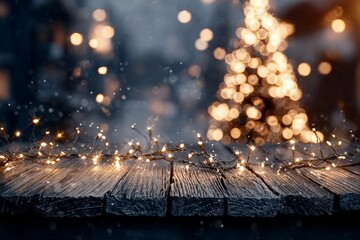 Christmas - Defocused String Light On Rustic Wooden Table In The Night With Abstract Tree And Blurred Background
