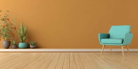 Minimalist interior featuring a teal armchair and potted plants against a warm orange wall and wooden floor