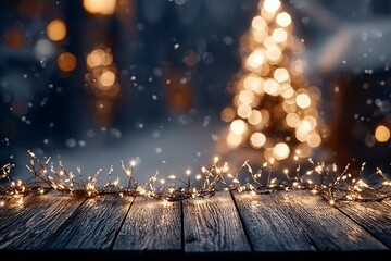 Christmas - Defocused String Light On Rustic Wooden Table In The Night With Abstract Tree And Blurred Background
