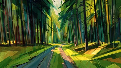 Digital painting of sunlit road winding through a vibrant, verdant forest