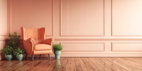 An elegant peach room with a plush chair, plants, and wood floor