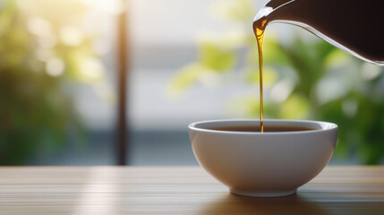 Selective Focus Dark Syrup Liquid Flowing to Bowl Dessert