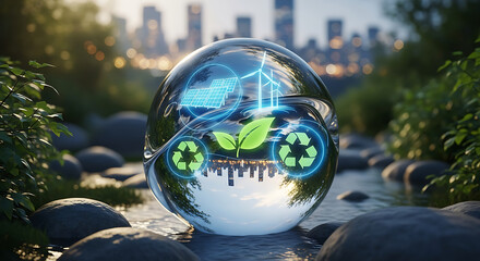 Crystal ball reflecting green energy and recycling in an urban setting