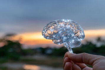A hand holding a transparent brain model with illuminated pathways against a blurred sunset