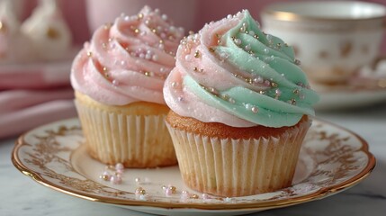 Delightful pastel frosted cupcakes adorned with shimmering pearls and gold sugar sprinkles, perfect for celebrations and sweet moments.