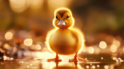 Adorable Realistic Duckling Portrait with Bokeh Lights in Soft Golden Hues