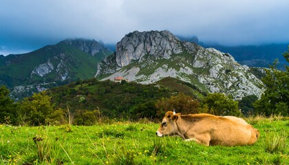 Cow relaxing in a green field with a mountain range backdrop
