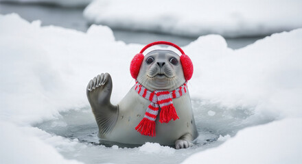 Adorable arctic seal popping from an icy hole, wearing red scarf and earmuffs, waving a flipper in a snowy Christmas scen