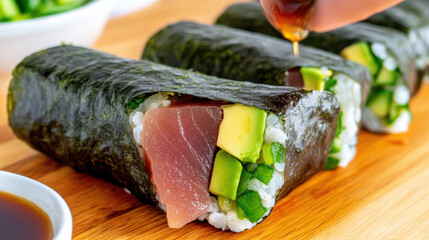 Delicious Temaki Sushi Roll with Tuna and Avocado on Wooden Board