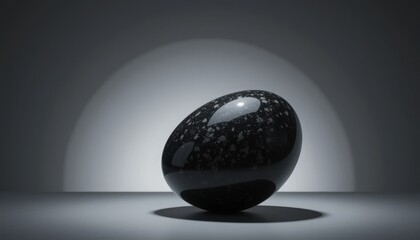 Mysterious Black Egg with Speckled Surface on a Spotlighted Background.