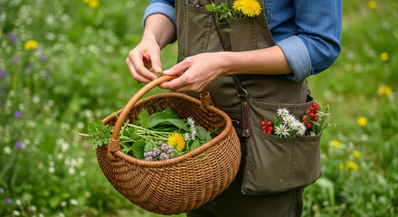 person foraging wild herbs and berries in sunny meadow holding traditional wicker basket filled with dandelion leaves and red berries celebrating natural organic collection