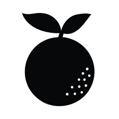 Vector art of a minimalist black silhouette icon of a whole orange with two leaves and a few small dots on its surface, isolated on a clean, symbolizing freshness and natural goodness