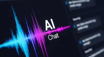 Dynamic AI chat interface displays vibrant sound waves and conversation bubbles on a dark screen