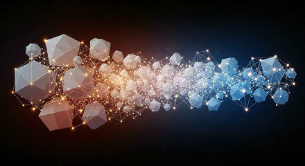 dynamic abstract visualization of numerous geometric polyhedra connected by glowing network showing gradient shift from warm orange to cool blue representing data flow and transformation