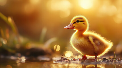 Adorable Close Up Portrait of a Yellow Duckling Chick in Nature
