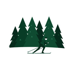 Obraz premium Stylized skier glides through dark green evergreen trees