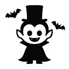 Vector art of cartoon vampire character with a top hat and fangs, surrounded by small flying bats, , perfect for halloween fun