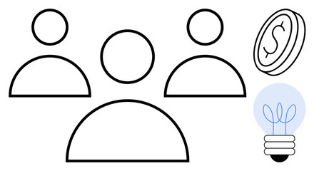 Three outlined people, glowing lightbulb, and coin illustrate teamwork, creativity, innovation, finance, brainstorming, business strategy and productivity. Ideal for concepts of teamwork