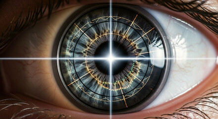 Intensely magnified futuristic close up of human eye transformed into bionic ocular implant with digital targeting reticles symbolizing augmented reality and the convergence of biology with AI