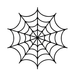 Vector art of a stylized black spiderweb illustration, , perfect for halloween or spooky themes, with intricate radial and spiral patterns creating a classic arachnid habitat graphic