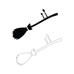Vector art of two broomsticks, one solid black silhouette and one outlined, shown diagonally on a, representing magic, witches, and fantasy
