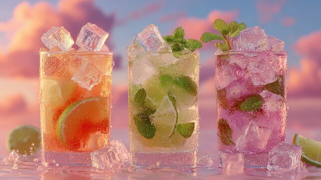 Vibrant summer cocktails with ice and lime sparkle invitingly against a dreamy sunset sky