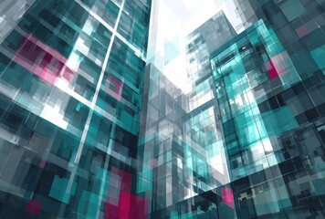 Abstract upward view of tall glass buildings with overlapping transparent geometric shapes