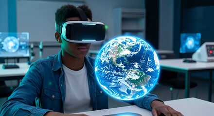 Teenager using VR headset and exploring a virtual globe in classroom  