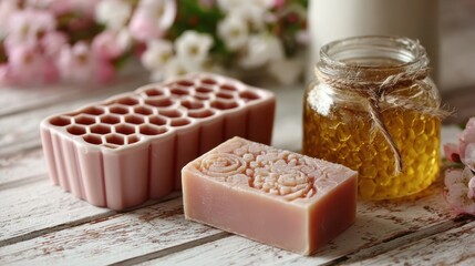 Indulge in natural luxury with artisanal honey soap and beautiful floral accents on rustic wood