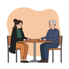 Fototapeta premium Two people of different ages sit at a table, talking to each other
