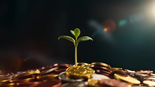 Timelapse video showing movement in a floor covered with piles of coins, with a small plant growing on top. Financial concept of saving, capital growth, and prosperity.