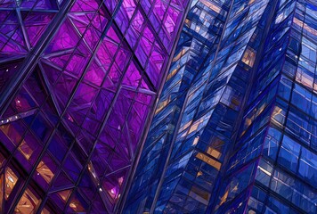 Gleaming, geometric skyscraper facade reflects purple and blue hues, creating abstract urban art