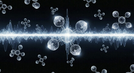 Abstract Molecule Structure with Quantum Energy Wave Background Representing Science Chemistry Physics Medical Research and Futuristic Tech