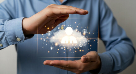Businessman Protecting Personal Data on Virtual Cloud Screen Representing Cybersecurity Privacy Internet Safety and Digital Information Care