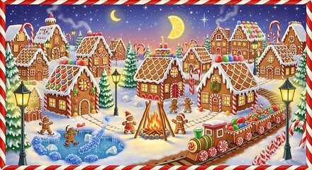 Whimsical Gingerbread Village with Candy Houses, Christmas Train, and Gingerbread People