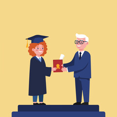 A graduate in a cap and gown receives a diploma from an official