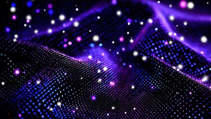 Abstract digital landscape with purple, blue, and white shimmering dots. Focus blur, smooth waves