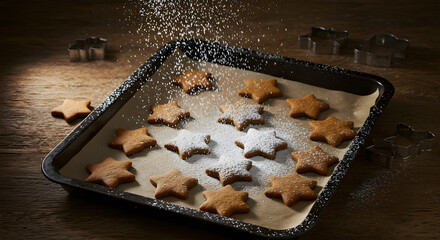 Gingerbread cookies on rustic tray with powdered sugar falling, top view.