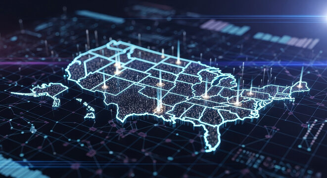 Digital Map of United States Showing Data Connections and Growth