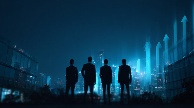 Silhouetted Businessmen Facing Futuristic City Skyline with Rising Growth Arrows