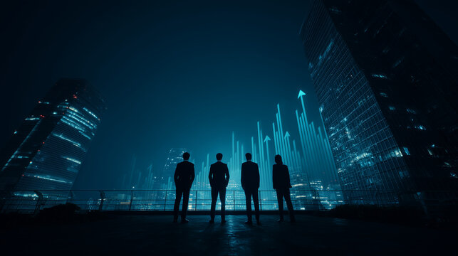 Silhouetted Business Team Overlooking Futuristic Cityscape with Rising Digital Bars