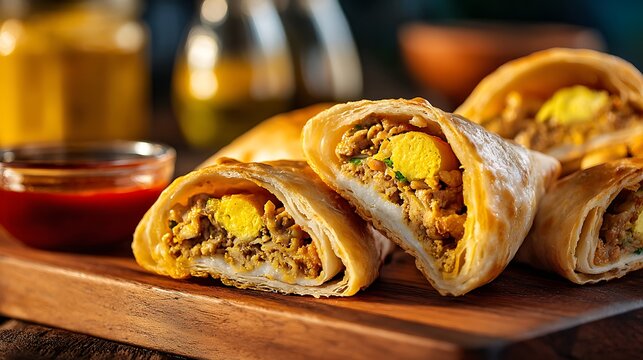 Saudi Mutabbaq isolated on a light board, stuffed pastries sliced to show filling of meat, egg, and vegetables