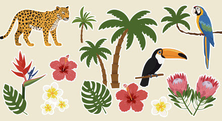 Vibrant tropical elements illustration featuring animals, plants, and flowers