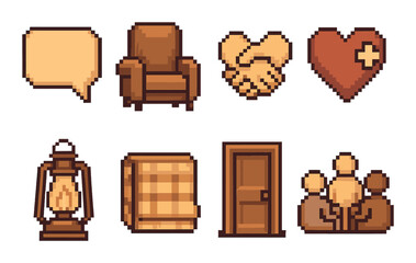 Pixel art icons: chat bubble, armchair, handshake, heart, lantern, blanket, door, group meeting