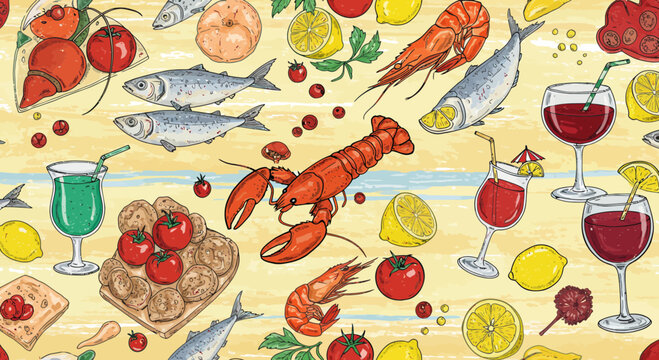 Hand-drawn seafood and drinks seamless pattern, restaurant or beach themed background