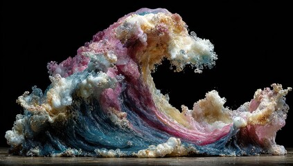 Colorful, textured wave crests and curls against a stark black background, with light reflections