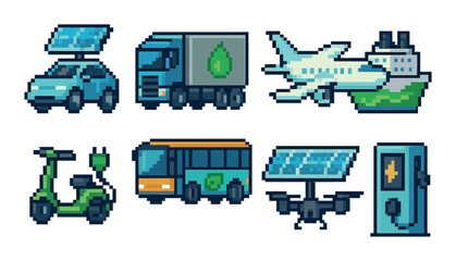 Pixel art eco-friendly transport: cars, trucks, planes, ships, scooters, buses, drones