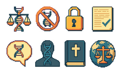 Retro pixel art symbols of genetics, law, security, and ethics