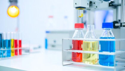 Laboratory Experiment with Colorful Liquids in Glass Bottles and Test Tubes